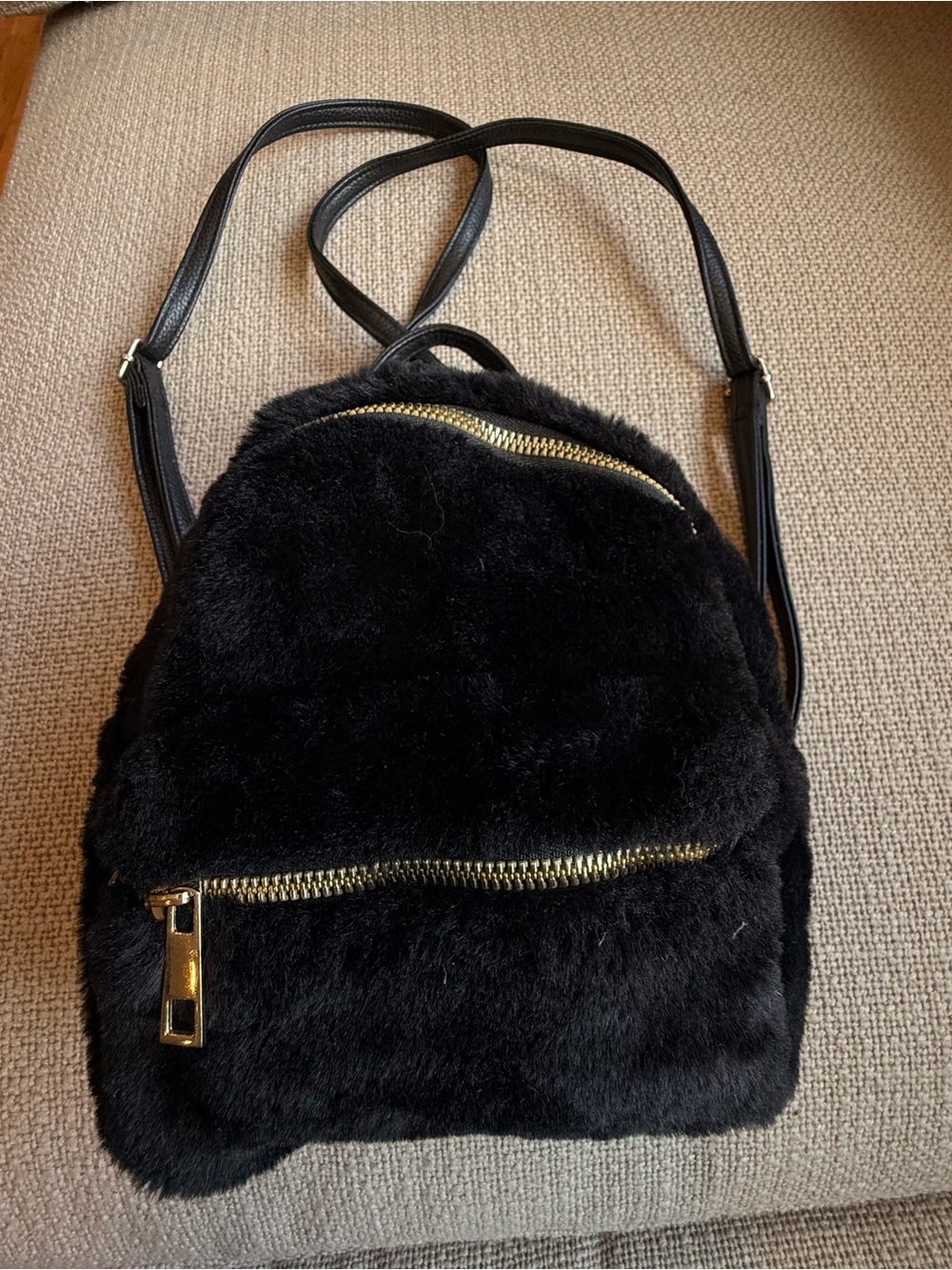 SHEIN Black Faux Fur Mini Backpack with Gold-Tone Zippers